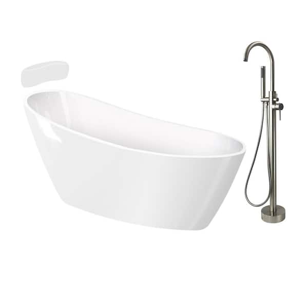 Transolid Aaliyah 59 in. x 30.75 in. Soaking Bathtub with Reversible Drain in Gloss White/Brushed Nickel with Faucet and Pillow