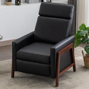 Wood Frame Black Faux Leather Recliner with Adjustable Backrest