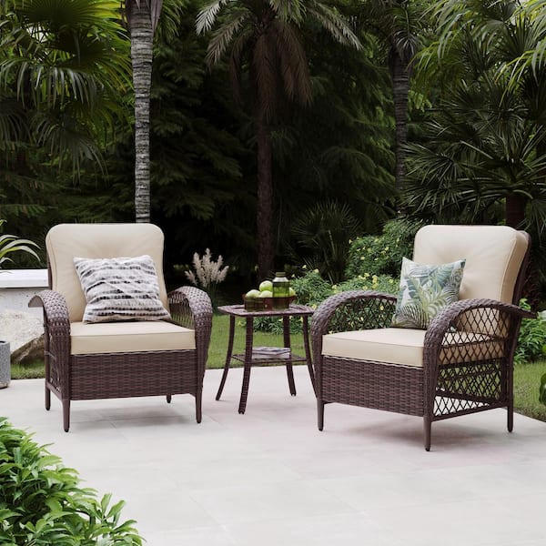 UPHA 2 Pieces Outdoor Brown Wicker Patio Conversation Sofa Seating Set with Coffee Table in Beige