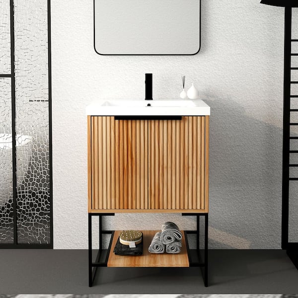 Staykiwi 24 in. W x 18 in. D x 35 in. H Single Sink Freestanding Bath Vanity in Maple with White Cultured Marble Top
