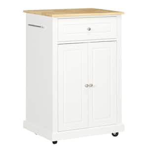 Rolling White Rubber Wood Tabletop 25 in. Serving Kitchen Island with Adjustable Shelf