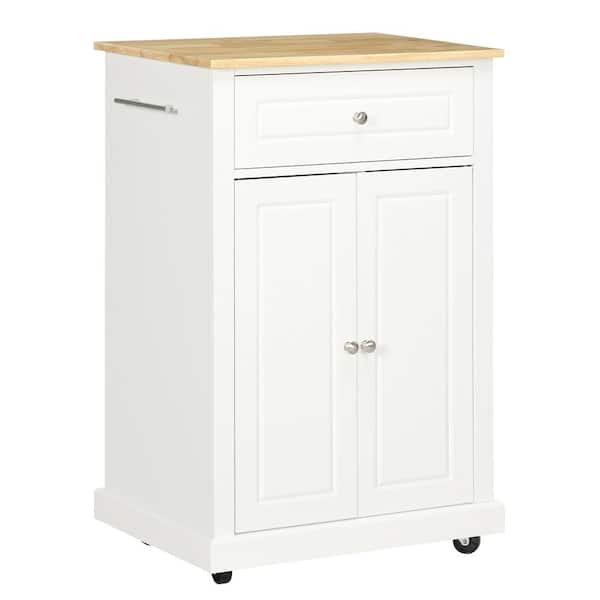 FAMYYT Rolling White Rubber Wood Tabletop 25 in. Serving Kitchen Island with Adjustable Shelf