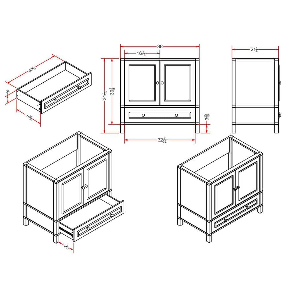 Gray 36" Freestanding Double Door Vanity Cabinet with Nickel Hardware
