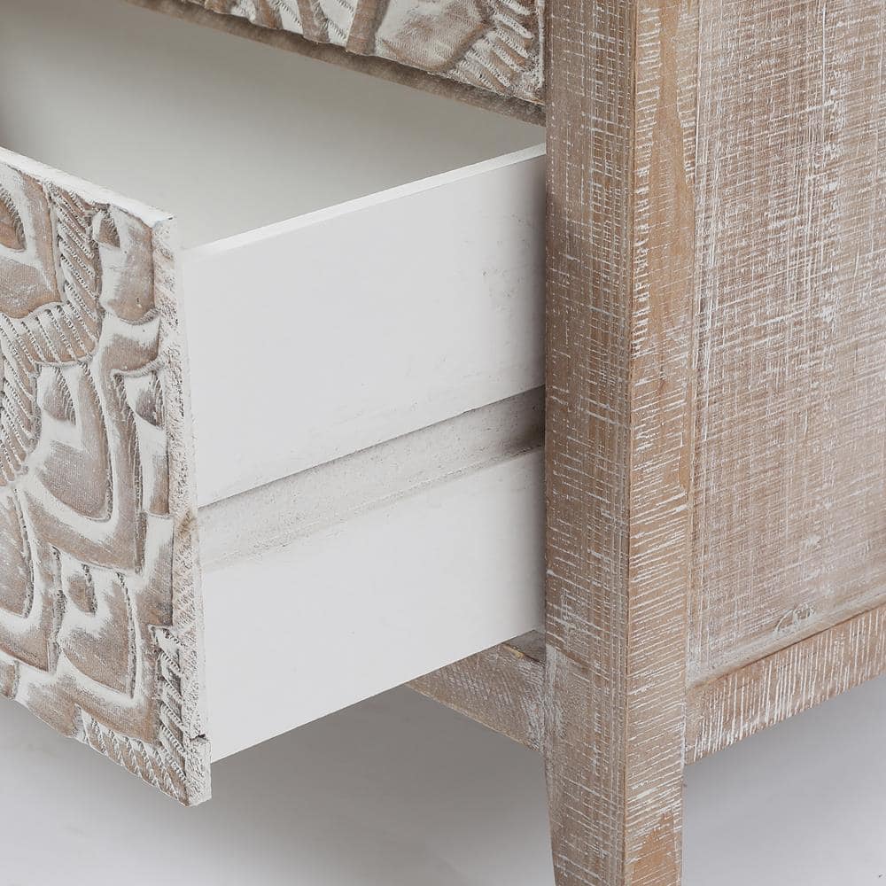 Rustic Whitewashed Fir Wood Floral Three-Drawer Chest