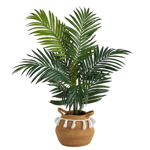 Nearly Natural 4 ft. Green Kentia Palm Artificial Tree in Boho Chic Handmade Natural Cotton Woven Planter with Tassels