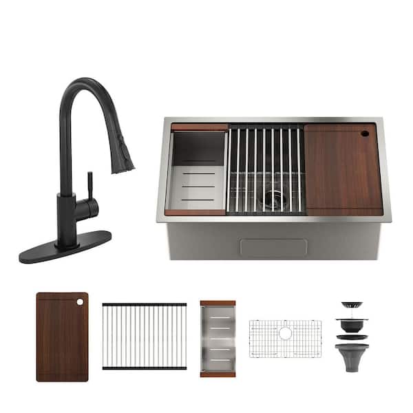 32 in. Undermount Single Bowl 18-Gauge Brushed Stainless Steel Kitchen Sink with Matte Black Faucet and Accessories Kits