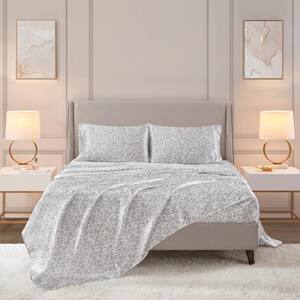 Printed Satin 4-Pcs Gray Leopard Full Polyester Sheet Set