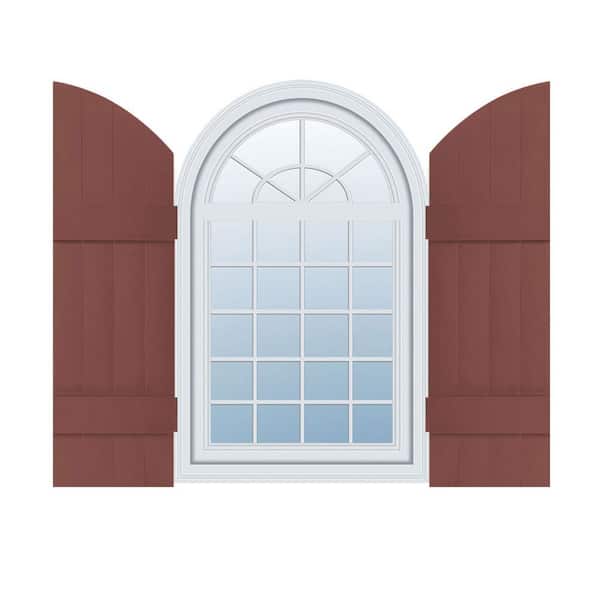 Ekena Millwork 14 in. x 45 in. Lifetime Vinyl Standard Four Board Joined w/ Archtop Board and Batten Shutters Pair Burgundy Red