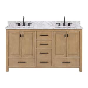 Modero 61 in. W. x 22 in. D x 35 in. H Double sink Bath Vanity Combo in Brushed Oak finish with Carrara White Marble Top