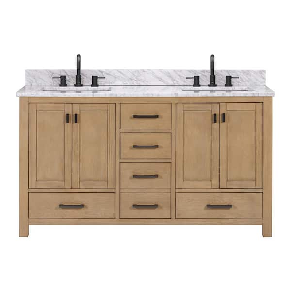 Modero 61 in. Double Sink Brushed Oak Bath Vanity with Carrara White Marble Top