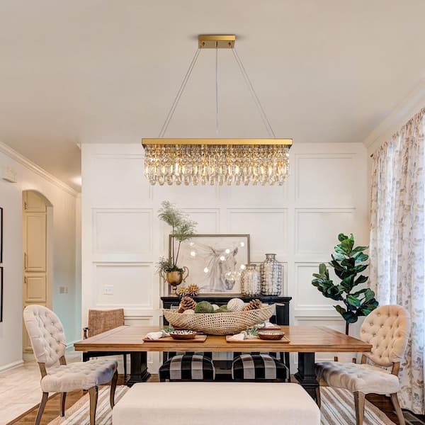 WDETR 31 in. Modern 6-Lights Gold Rectangular Raindrop Crystal Chandelier for Dining Room Kitchen Island