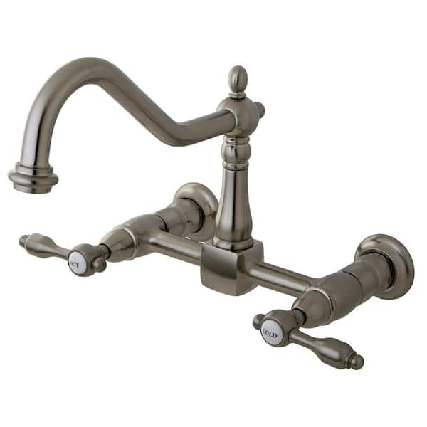 Kingston Brass Tudor 2-Handle Wall Mount Kitchen Faucets in Brushed Nickel