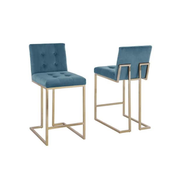 Best Quality Furniture Amy 24 in. H Teal Blue Low Back Counter Height Chair with Gold Chrome Base and Velvet Fabric (Set of 2)