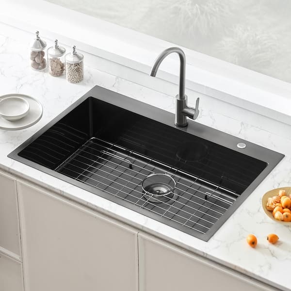 33 in. Kitchen Sink Workstation, 304 Stainless Steel Top Mount Sinks, Drop-In Single Bowl Farmhouse Basin, Accessories