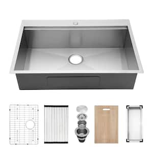 30 in. Drop in. Workstation Sink Single Bowl 18-Gauge Brushed Stainless Steel Kitchen Sink with Accessories