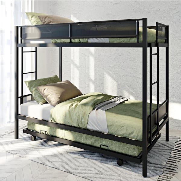 Magic Home Industrial Black Twin Over Twin Metal Bunk Bed With Trundle