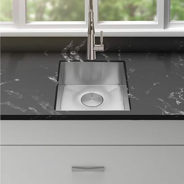 15 Inch Undermount Single Bowl Kitchen Sink – 16 Gauge Stainless Steel, Brushed Nickel Finish, 15" X 17" X 10", With Roll-Up Rack, Bottom Grid, Drain Cover & Accessories