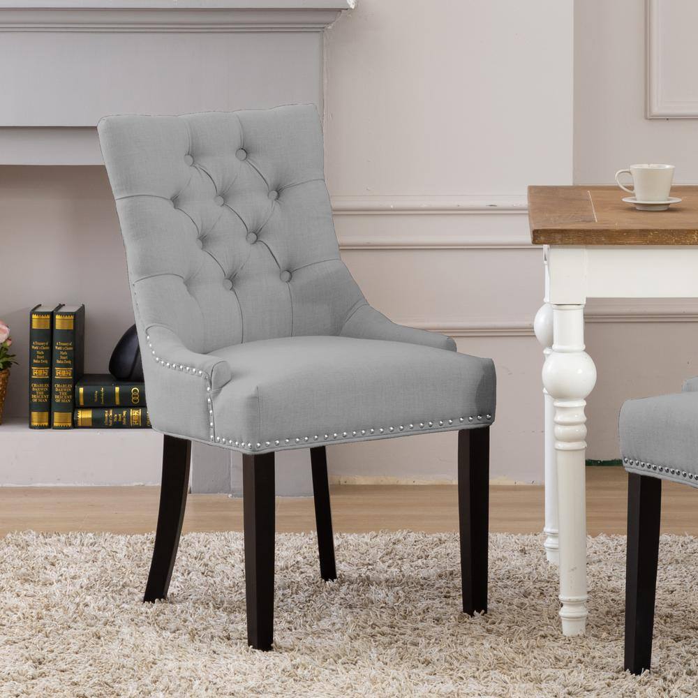 Elegant Gray Linen Upholstered High-Back Side Chair with Wood Accents