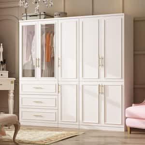 3-Combination White Wood 79.1 in. W 8-Door Big Armoires with Hanging Rods, Drawers, Shelves 74.8 in. H x 19.3 in. D