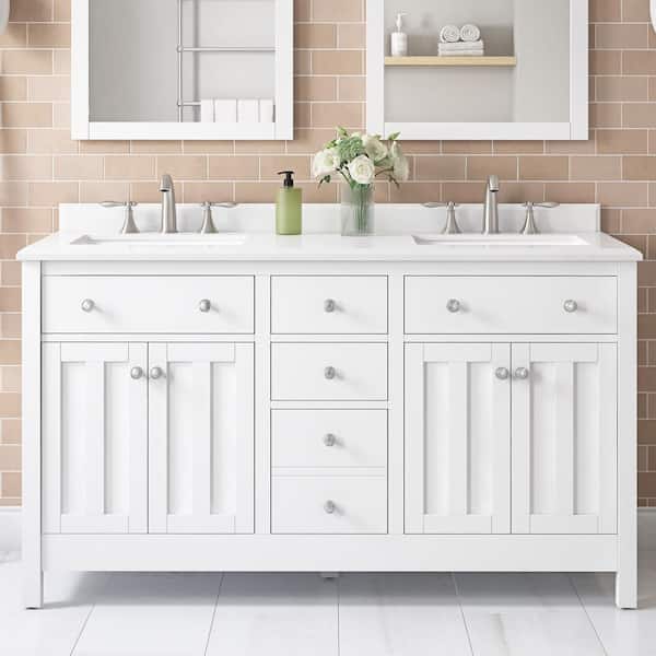 OVE Decors Newcastle 60 in. W x 22 in. D x 35 in. H Double Sink Bath Vanity in Pure White with White Engineered Marble Top