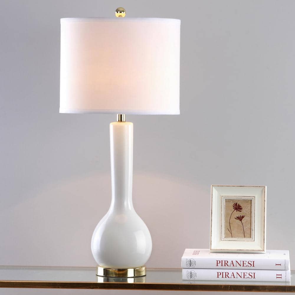 Mae Long Neck Ceramic Table Lamp in Light Grey with Off-White Shade