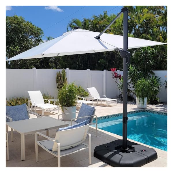 10 ft. Square Aluminum Outdoor Patio Cantilever Umbrella Offset 360° Rotation Umbrella with Base, White