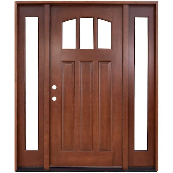 Steves & Sons 68 in. x 80 in. Craftsman 3 Lite Arch Stained Mahogany Wood Prehung Front Door with Sidelites