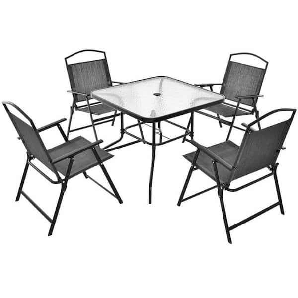 Kadehome 5-Piece Metal Frame Patio Dining Set for 4 People with Tempered Glass tabletop and Umbrella Hole for Poolside, Garden