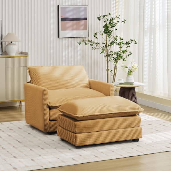 Modern Yellow Corduroy Velvet Accent Armchair with Ottoman for Living Room