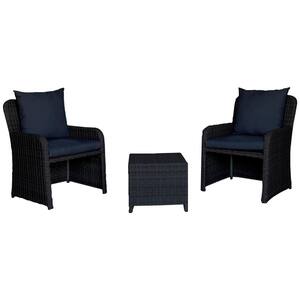 Black 3-Piece Metal and Wicker Patio Conversation Set with Dark Brown Cushions