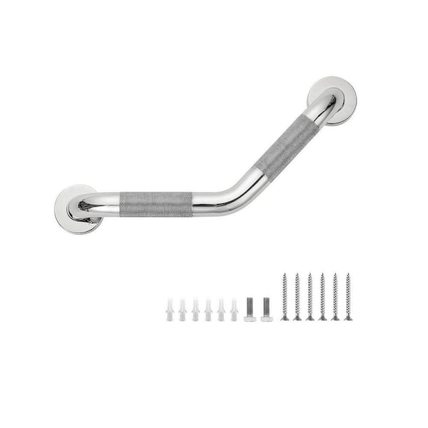 16 in. x 1.25 in. Exposed Screw Angled Shower Grab Bar for Seniors Knurled Stainless Steel in Polished Nickel