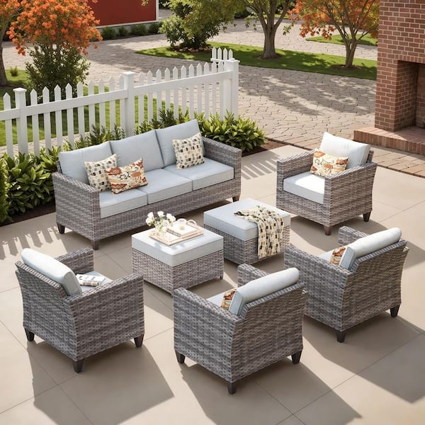 Camden 7-Piece Gray Wicker Outdoor Patio Furniture Patio Conversation Seating Set with Light Gray Cushion and Ottoman