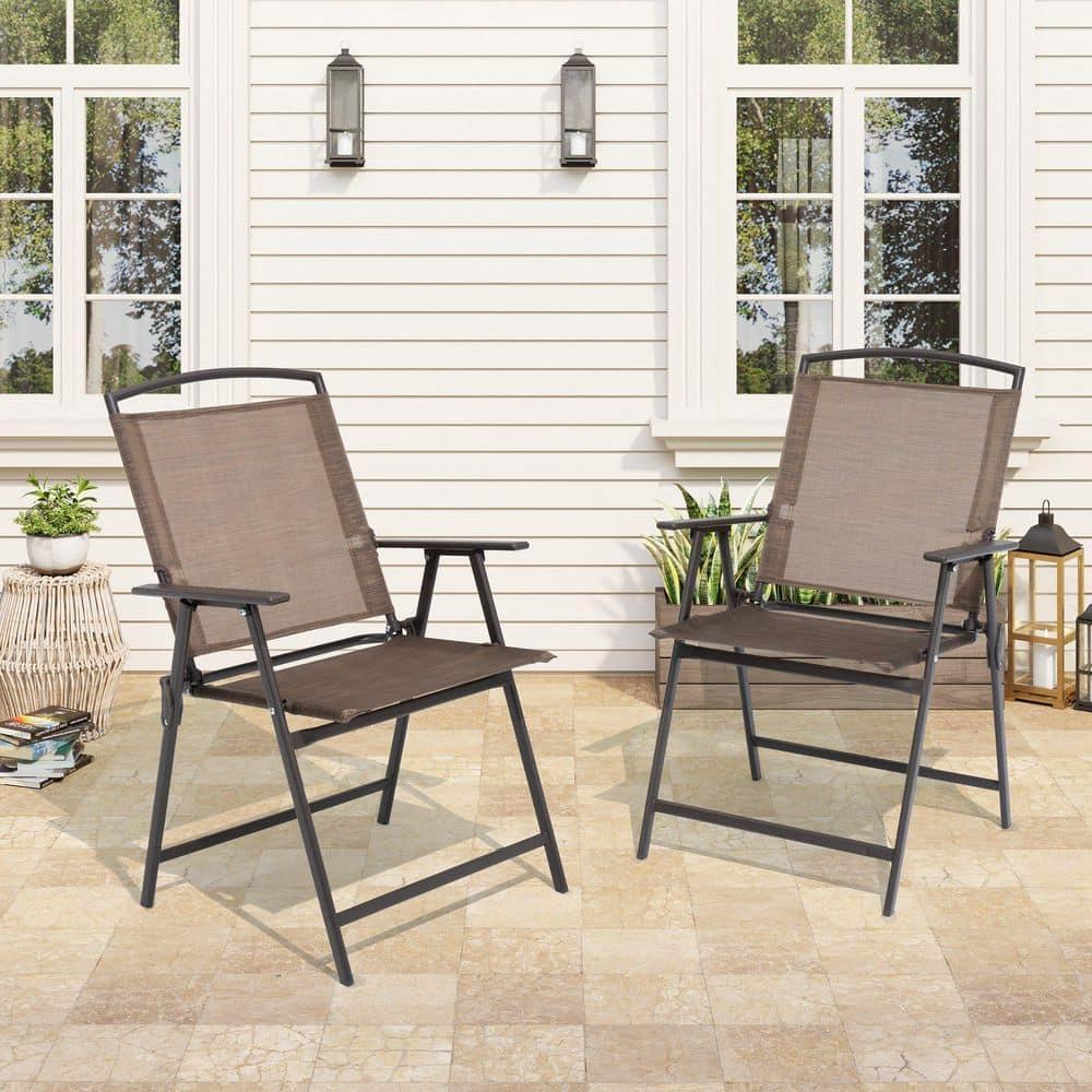 Set of 2 Foldable Outdoor Dining Chair Portable Metal Dining Chair No Assembly Dining Chair with Brown Breathable Fabric price history on PriceWatchPro