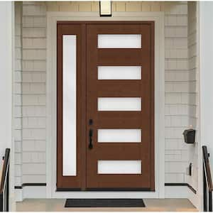 Regency 53 in. x 80 in. 5L Modern Clear Glass RHIS Chestnut Stain Mahogany Fiberglass Prehung Front Door w/14 in. SL