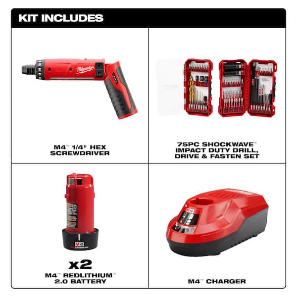 Milwaukee M4 4V 1/4 in. Hex Screwdriver 2-Battery Kit with 75-Pc