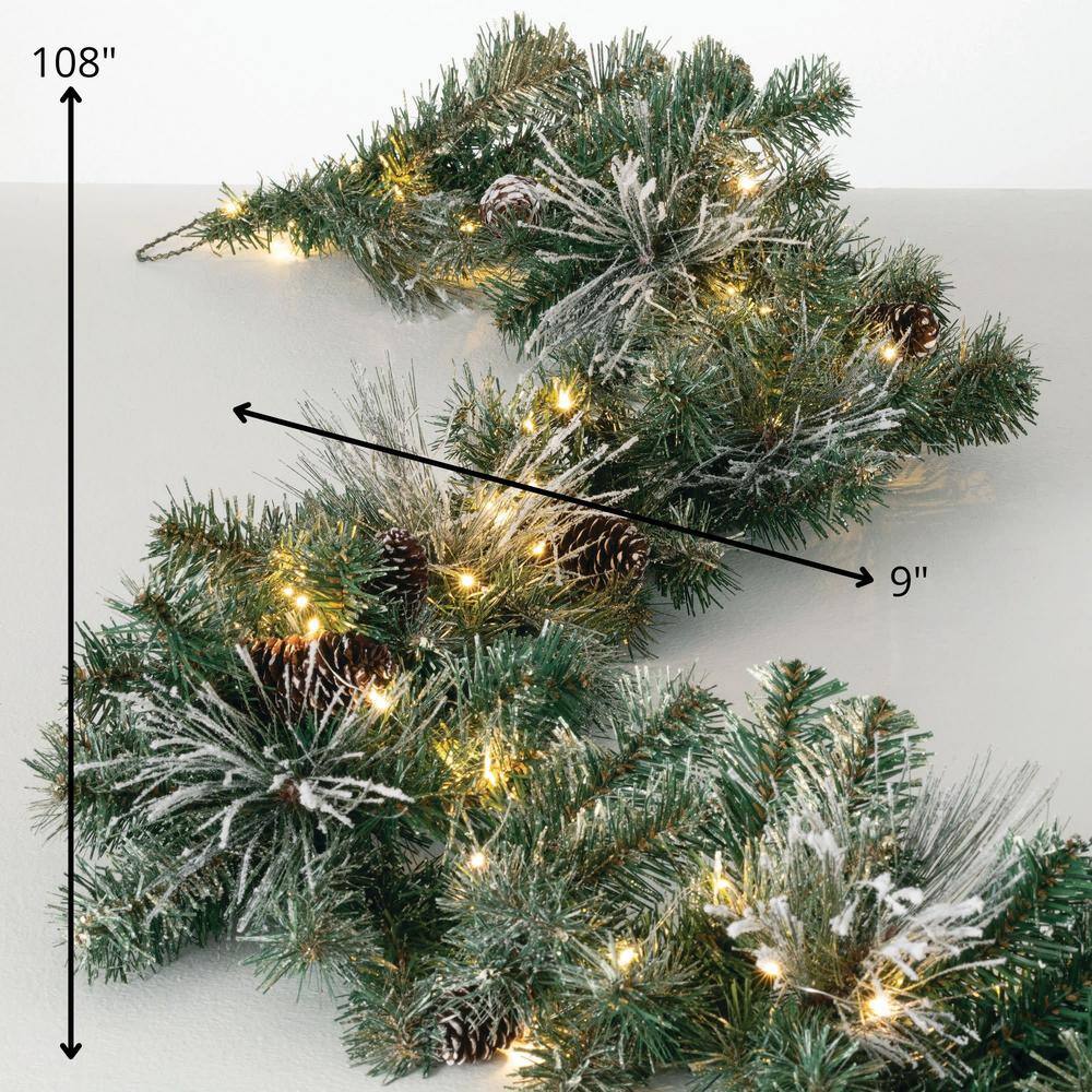 9-Foot Pre-lit Flocked Pine Christmas Garland with Pinecones and Gold Accents