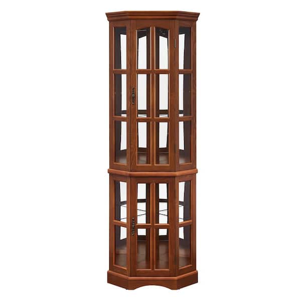 XUJMK 18 in. W x 23 in. D x 71 in. H Brown Linen Cabinet, Curio Cabinet Lighted with Shelves, Oak Color Corner Curio Cabinet