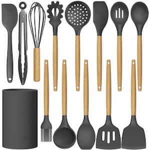 Silicone Cooking Kitchen Utensil Holder Set with Turner Tong, Spoon, Brush, Whisk, 446°F Heat Resistant, BPA Free, Gray