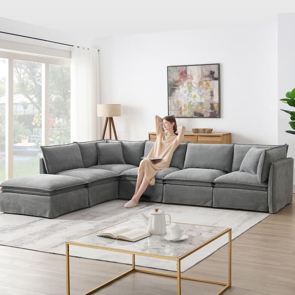Luxury Collection 125.5 in. Flared Arm 6-piece L-Shaped Chenille Modular Sectional Sofa in. Gray with Ottoman