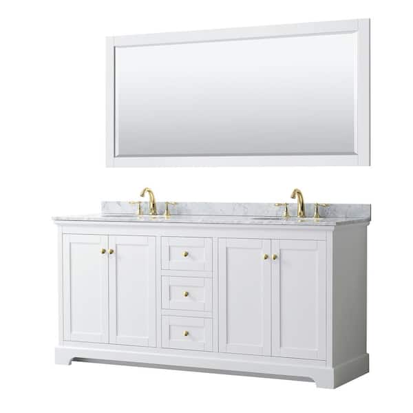 Wyndham Collection Avery 72 in. W x 22 in. D x 35 in. H Double Sink Bath Vanity in White with White Carrara Marble Top and 70 in. Mirror