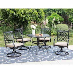 Black 5-Piece Metal Round Table Patio Outdoor Dining Set with Slat Swivel Chairs with Beige Cushions