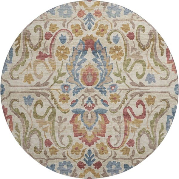 Mayfield Premium Machine Washable Abstract AMF2193 Beige 8 ft. x 8 ft. Round Rug