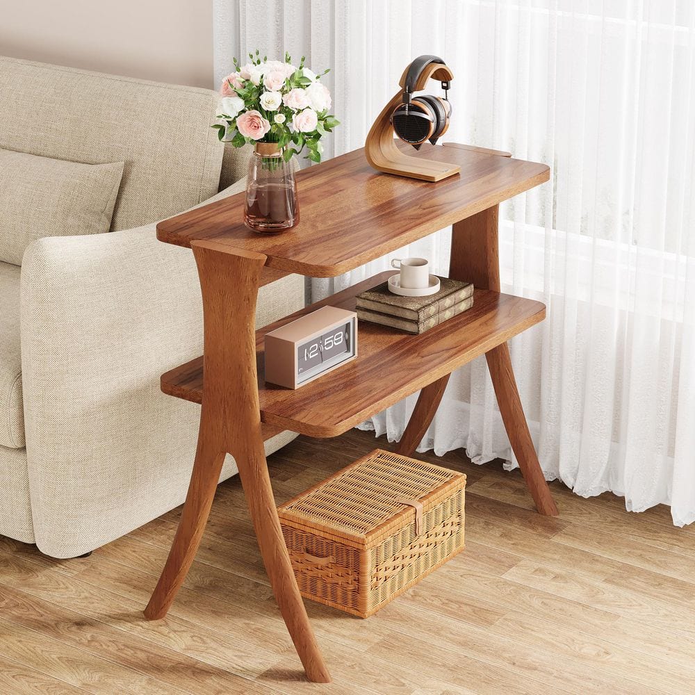 Kerlin 25.2 in. Brown Rectangle Engineered Wood End Table Side Table with 2-Tier Shelf - thumbnail 6