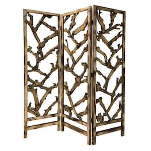 Brown 3-Panel Wooden Screen with Mulberry Alpine Like Branches Design