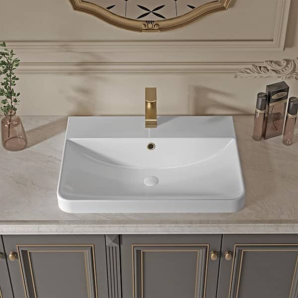 UNIKE Greenfield 24 in. Rectangular Vitreous China Vanity Top Bathroom Sink in White with Overflow and Single Faucet Hole