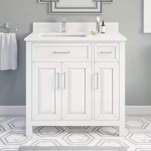 Terrence 36 in. W x 22 in. D Bath Vanity in White ENGRD Stone Vanity Top in White with White Basin Power Bar-Organizer