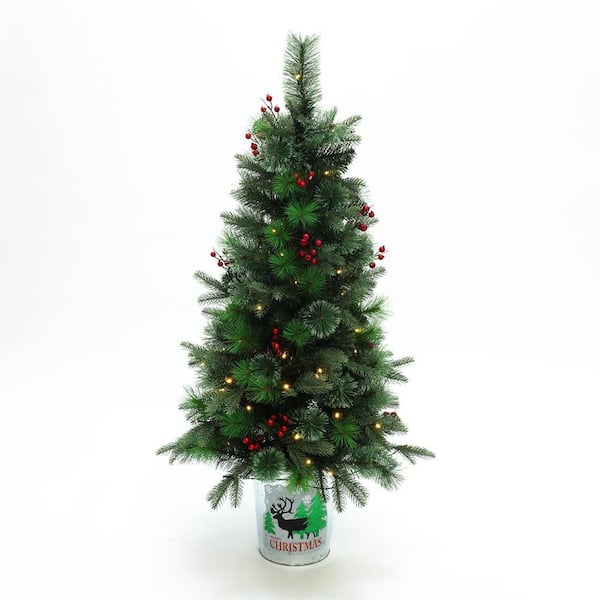 4 ft. PreLit Green Pine Artificial Christmas Tree Potted with Red Berry Decorations