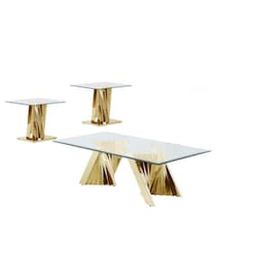 Ozuna 55 in. Tempered Clear Glass Gold Stainless Steel, Rectangle Coffee Table of 3-Pieces w/End Table