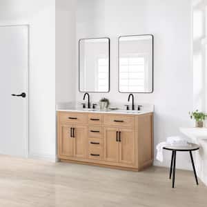 Gavino 60 in. W x 22 in. D x 34 in. H Double Sink Bath Vanity in Light Brown with White Composite Stone Top and Mirror