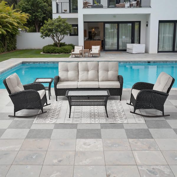 HEIMI 7-Piece Black Wicker Patio Conversation Rocking Chair Set with Beige Cushions
